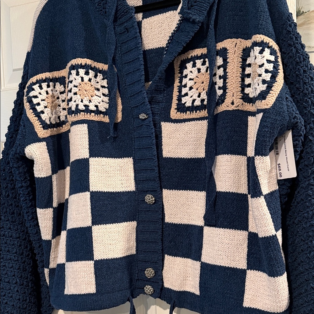 POL Navy and Cream Checkered Cardigan
